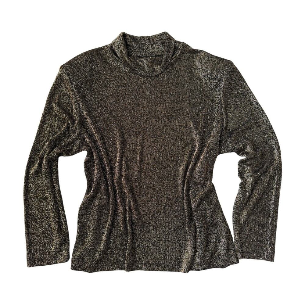 Vintage 70s Gold & Black Metallic Cowl Neck Shirt Glam Party Shiny Disco Top XL